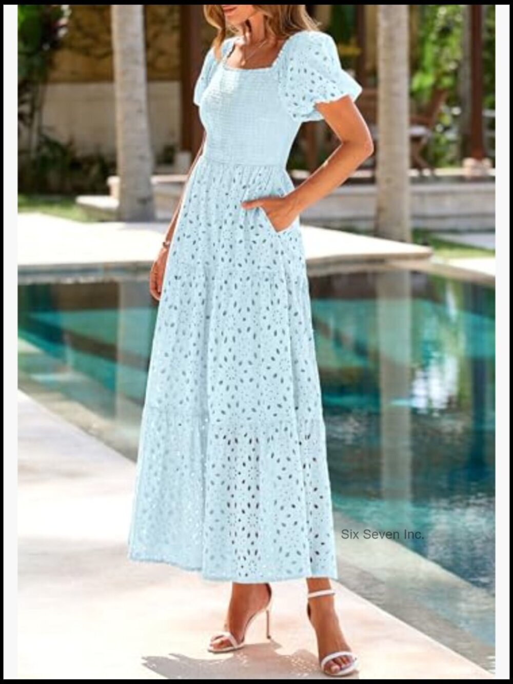 Cotton Eyelet Square Neck Puff Sleeve Smocked Maxi Dress with Pockets - Picture 6 of 7